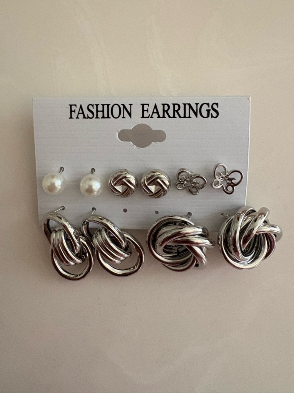 Silver Knot Hoop Earrings Set Pearl Stud Fashion Jewelry